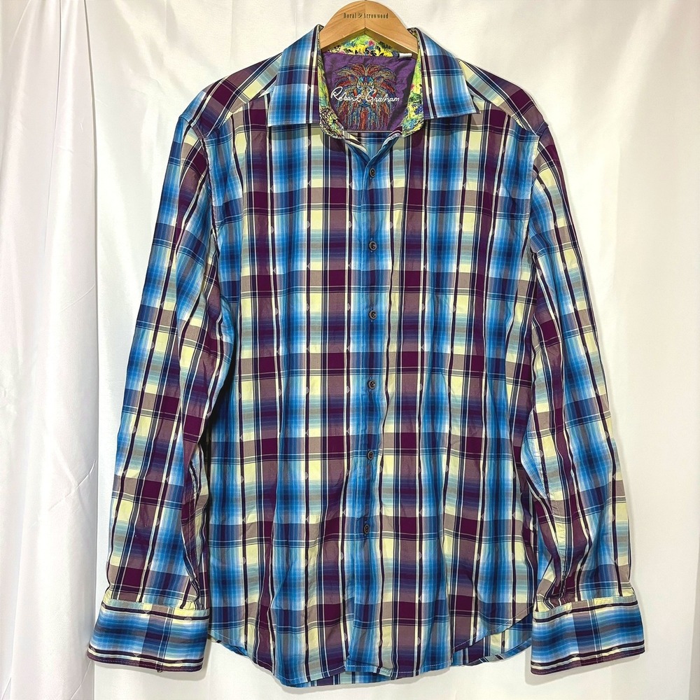 Robert Graham Classic Fit Plaid Shirt XL Blue Purple Lion Embroidery Cotton EUC